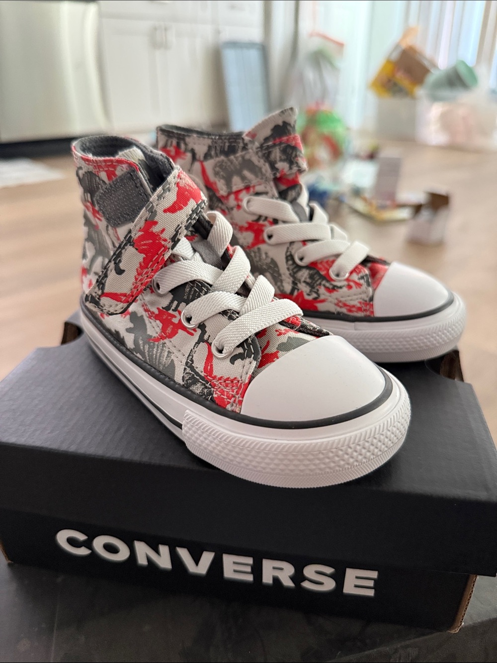 Converse Toddler’s High-Top Sneakers in White, Red & Gray Print